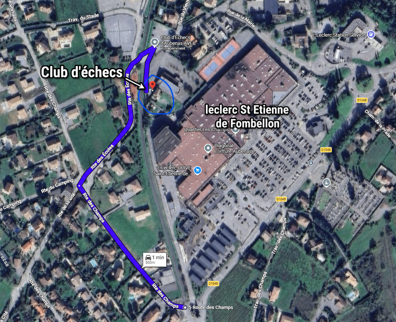 Carte indiquant l'itinéraire pour rejoindre le club d'échecs à Saint-Étienne-de-Fontbellon